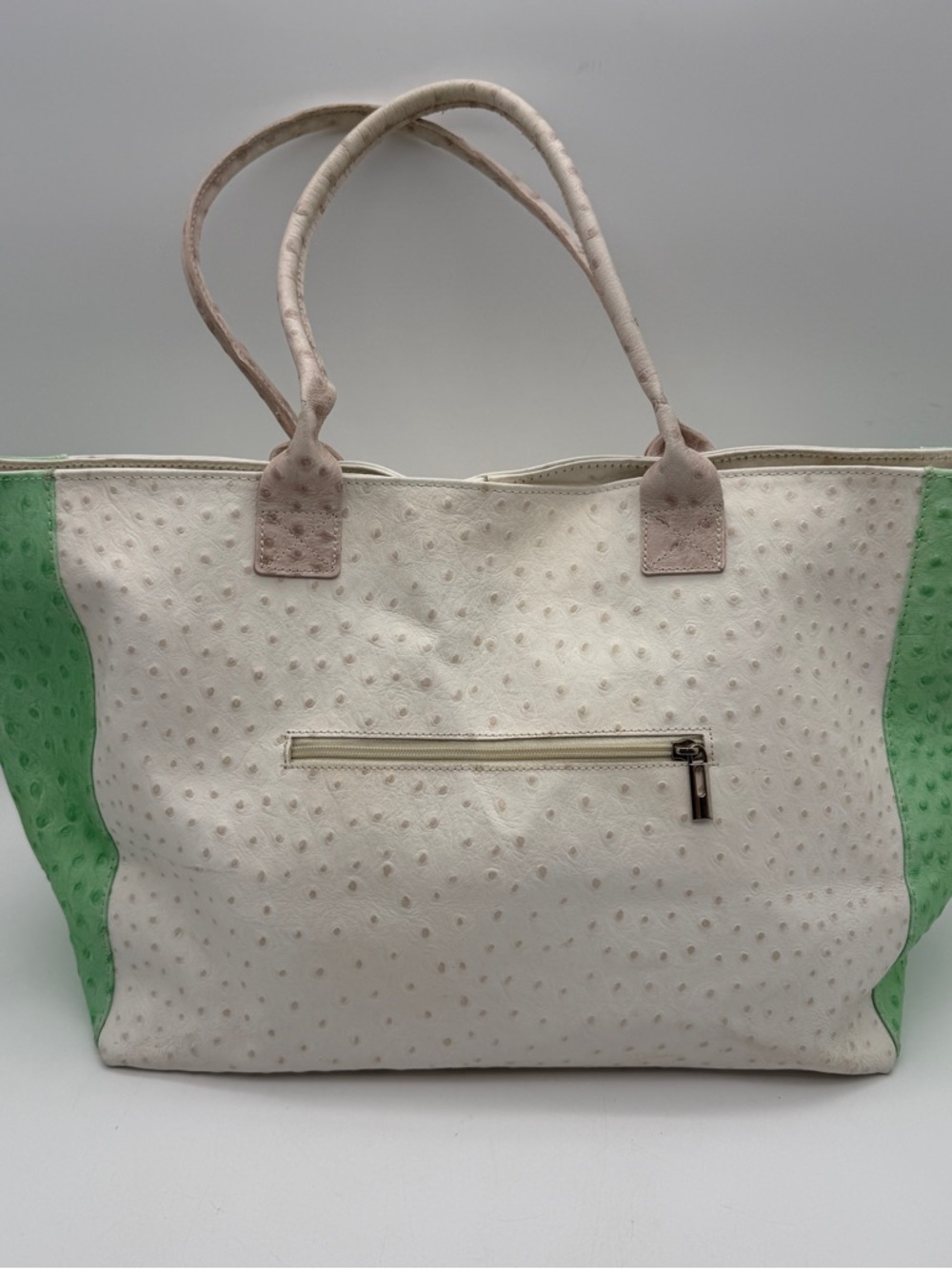 Borse In Pelle Italy Leather Tote Bag Cream Green Ostrich Convertible Purse EUC